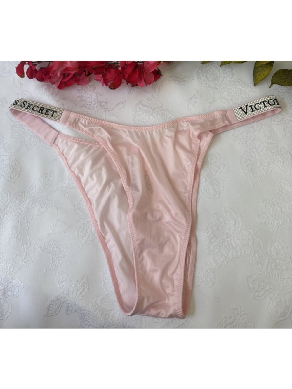 VICTORIA'S SECRET XL PINK RHINESTONE BLING STRAPPY SILKY BRAZILIAN PANTIES NWT